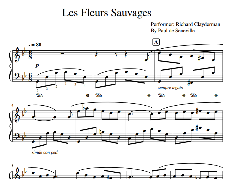 Performer Richard Clayderman - Les Fleurs Sauvages sheet music for piano